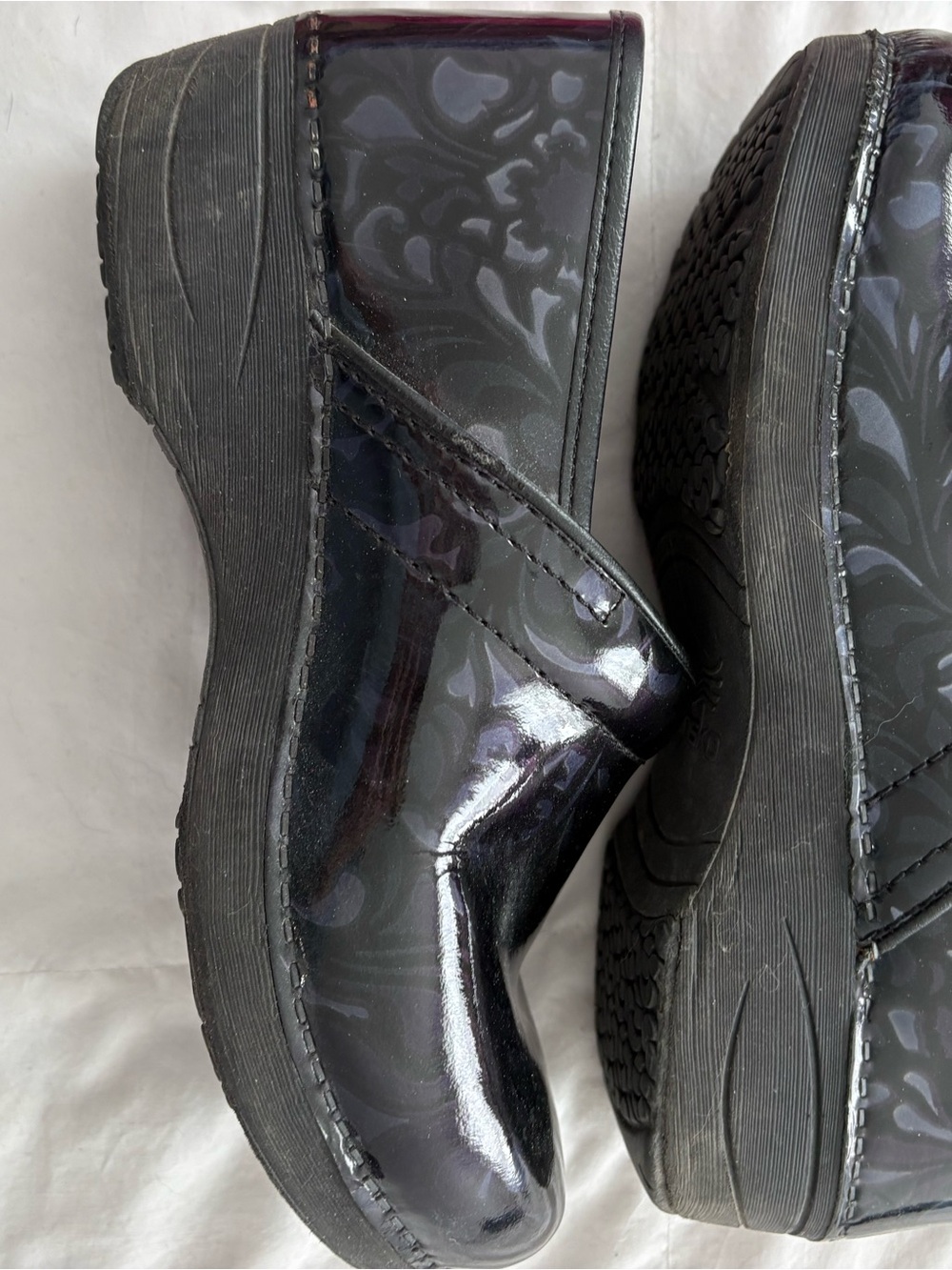 Dansko Patent Plum Black Floral Clogs